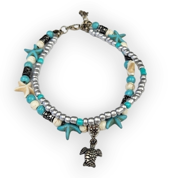 Sea Turtle Ankle Bracelet Anklet Starfish Beaded Double Strand Charm Blue 9.25" - Picture 1 of 5
